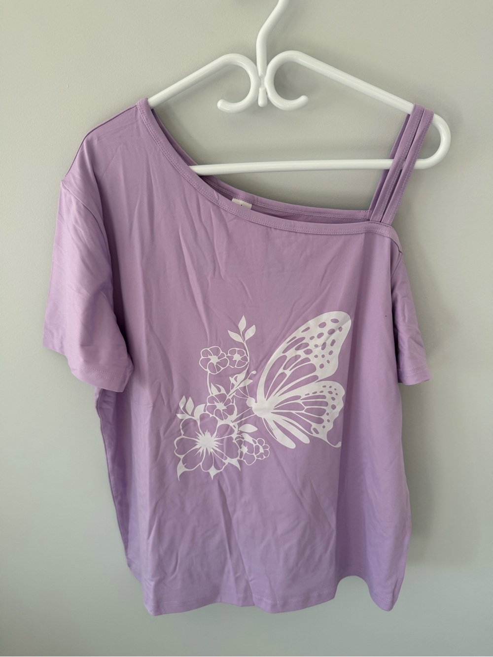 Lavender One-Shoulder Butterfly Floral Tee